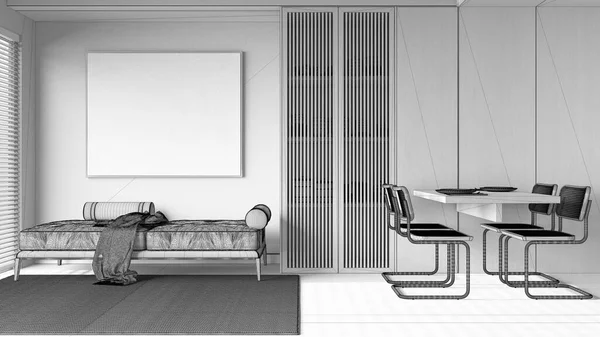 Blaupause Unvollendeter Projektentwurf Zeitgenössisches Hölzernes Ess Und Wohnzimmer Sofa Tisch — Stockfoto
