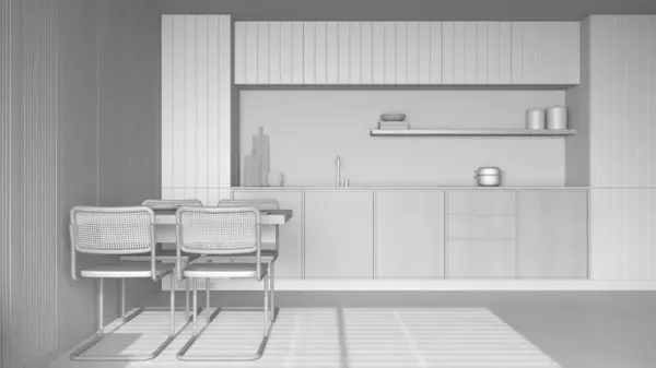 总的白色工程草案 最小的木制厨房和餐厅 树脂地板 前视图 器具和有椅子的桌子 日本室内设计 — 图库照片