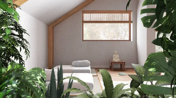Jungle frame, biophilic idea. Tropical leaves over minimal meditation room with paper doors and tatami mats. Urban jungle interior design. Biophilia concept