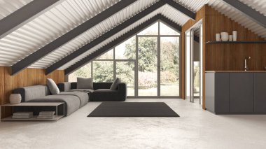 Beyaz ve gri renkli modern mansard, kanepesi ve mutfağı olan oturma odası. Demir kirişler ve reçine zemini. Bahçe manzaralı panoramik pencere. Minimalist iç tasarım