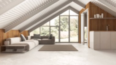 Arka plan bulanık, modern mansard, kanepesi ve mutfağı olan oturma odası. Demir kirişler ve reçine zemini. Bahçe manzaralı panoramik pencere. Minimalist iç tasarım