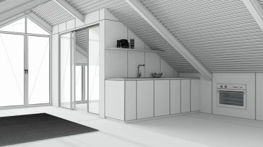 Tamamlanmamış proje taslağı, asgari mansard, dolaplı mutfak. Ahşap duvarlar, demir kirişler ve reçine zemini. Bahçeli panoramik pencere. Modern iç tasarım