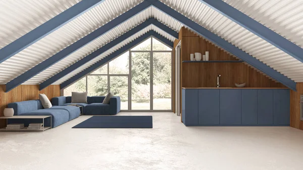 现代夹层的白色和蓝色色调 厨房和客厅与沙发 铁梁和树脂地板 花园背景的全景窗 最低限度室内设计 — 图库照片