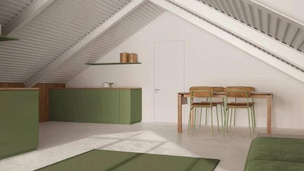 最低的顶层公寓 白色和绿色色调 客厅和餐厅 沙发和餐桌 铁梁和树脂地板 现代室内设计 — 图库照片