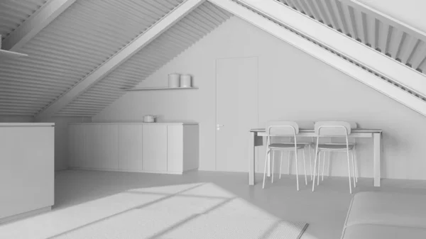 整个白色项目草案 顶层公寓极小 客厅和餐厅 沙发和餐桌 铁梁和树脂地板 现代室内设计 — 图库照片