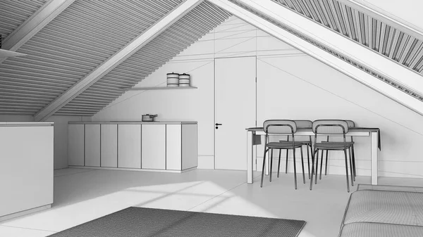 Nedokončený Návrh Projektu Minimální Přístřešek Kuchyně Obývací Pokoj Jídelna Pohovkou — Stock fotografie