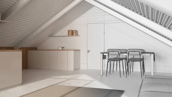 建筑师室内设计的概念 手绘草稿未完成的工程 成为现实 最低的顶层公寓 客厅和餐厅 沙发和餐桌 现代风格 — 图库照片