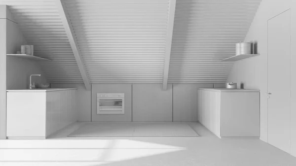 总的白色项目草案 现代曼萨德夹层 厨房与橱柜和器具 铁梁和树脂地板 最低限度室内设计 — 图库照片