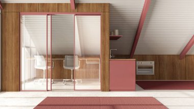 Beyaz ve kırmızı tonlu modern mansard asma katı, dolapları ve aletleri olan ev ofisi ve mutfağı. Demir kirişler ve reçine zemini. Minimalist iç tasarım