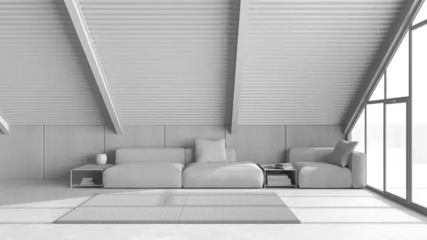 Total White Project Draft Minimal Mansard Living Room Velvet Sofa — Stock Photo, Image