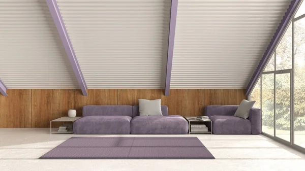 白と紫色のトーン ベルベットソファー付きのリビングルーム 木の壁 鉄の梁 樹脂の床 庭のあるパノラマウィンドウ モダンインテリアデザイン — ストック写真