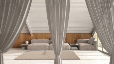 Beyaz perdeler minimal oturma odasını, iç tasarım arka planını, ön görünümü, kırpma yolunu, dikey kıvrımları, yumuşak tül tekstil dokusunu, kopya alanı ile sahne konseptini kaplar