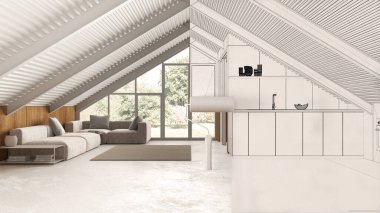 Boya patencisi iç tasarım tasarım taslağı arka plan çizerken alan gerçek oturma odası ve mutfak haline geliyor. Öncesi ve sonrası konsepti, tasarımcı yaratıcı iş akışı