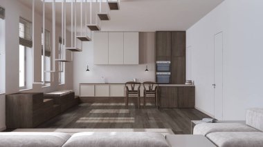 İskandinav İskandinav koyu renk ahşap mutfak ve beyaz ve bej renkte oturma odası. Koltuk, asgari merdiven ve yemek adası. Japandi iç tasarımı