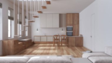 Bulanık arka plan, İskandinav İskandinav ahşap mutfak ve oturma odası. Koltuk, asgari merdiven ve yemek adası. Japandi iç tasarımı