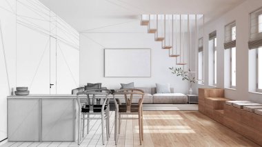 Mimari iç mimar konsepti: elle çizilmiş, tamamlanmamış, minimalist İskandinav ahşap mutfak ve oturma odası haline gelen proje. İskandinav tarzı