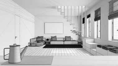 Taslağı bitmemiş proje taslağı, mutfak işi üst rafta indüksiyon hob ve çaydanlık yakın çekim. Kuzey oturma odası. Koltuk ve asgari merdiven. İskandinav iç tasarımı