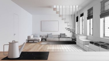 Mimari iç mimar konsepti: elle çizilmiş tamamlanmamış proje, indüksiyon hobisiyle mutfak işi üstte. Kuzey oturma odası. İskandinav tarzı