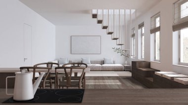 Koyu ahşap mutfak üstü, indüksiyon hob ve çaydanlık yakın çekim. Beyaz ve bej renkte İskandinav oturma ve yemek odası. Koltuk ve merdiven. En düşük iç tasarım