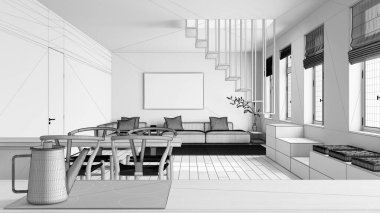 Taslağı bitmemiş proje taslağı, mutfak işi üst rafta indüksiyon hob ve çaydanlık yakın çekim. İskandinav oturma ve yemek odası. Koltuk ve merdiven. En düşük iç tasarım