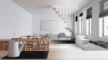 Mimari iç mimar konsepti: elle çizilmiş, tamamlanmamış bir proje, indüksiyon hob ve çaydanlıkla mutfak işi üstte. Oturma ve yemek odası. Asgari biçim