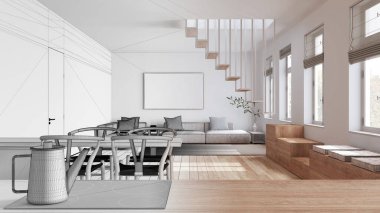 Mimari iç mimar konsepti: elle çizilmiş, tamamlanmamış bir proje, indüksiyon hob ve çaydanlıkla mutfak işi üstte. Oturma ve yemek odası. Asgari biçim