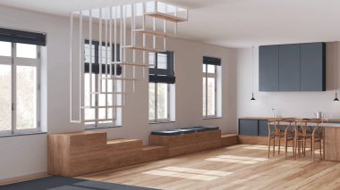 Minimalist İskandinav ahşap mutfak ve yemek odası beyaz ve gri tonlarda. Koltuk, modern merdiven ve sandalyeli ada. İskandinav iç tasarımı