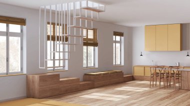 Minimalist İskandinav ahşap mutfak ve yemek odası beyaz ve sarı tonlarda. Koltuk, modern merdiven ve sandalyeli ada. İskandinav iç tasarımı