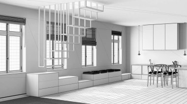 Tamamlanmamış proje taslağı, minimalist İskandinav ahşap mutfak ve yemek odası. Koltuk, modern merdiven ve sandalyeli ada. İskandinav iç tasarımı