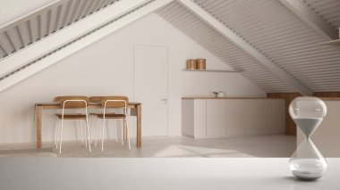 Minimalist mutfak ve yemek odasında geçen zamanı ölçen kristal kum saati olan beyaz masa veya raf, mimari iç tasarım, fotokopi alanı arka planı