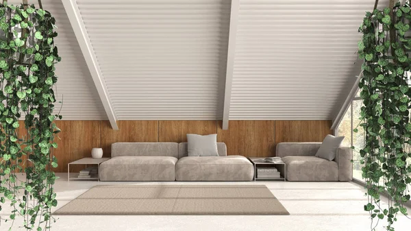 Jungle frame, biophilic concept idea interior design. Tropical leaves over minimal mansard mezzanine living room with sofa. Cerpegia woodii hanging plants