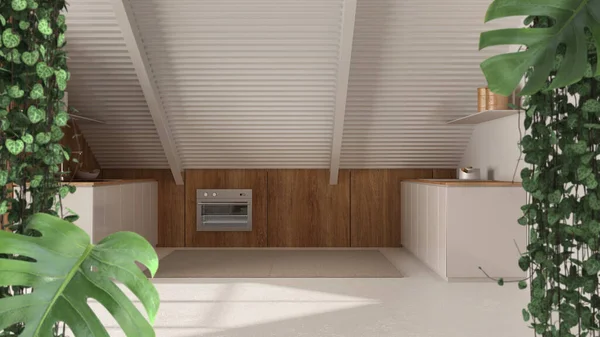 Jungle frame, biophilic concept idea interior design. Tropical leaves over minimal mansard mezzanine white kitchen. Cerpegia woodii and monstera deliciosa plants