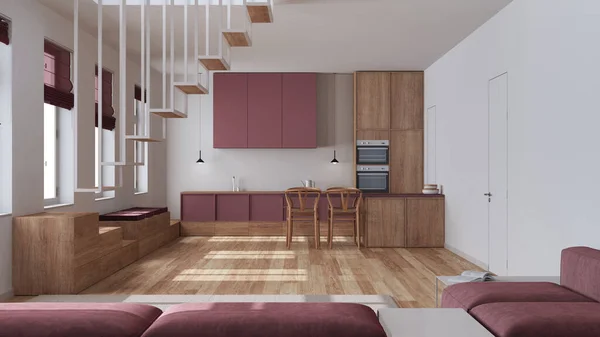 斯堪的纳维亚北部木制厨房和客厅 有白色和红色的色调 最小的楼梯和餐厅岛 日本室内设计 — 图库照片