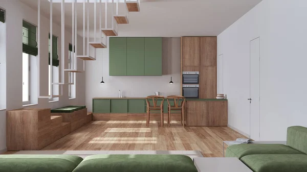 斯堪的纳维亚北部木制厨房和客厅的色调是白色和绿色的 最小的楼梯和餐厅岛 日本室内设计 — 图库照片