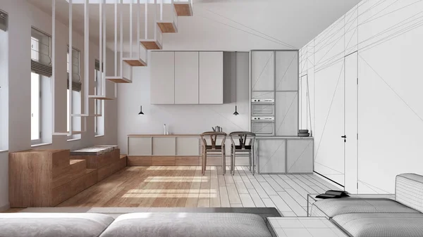건축가 인테리어 디자이너 스칸디나비아 북유럽 부엌과 거실이되는 손으로 완성되지 프로젝트 — 스톡 사진