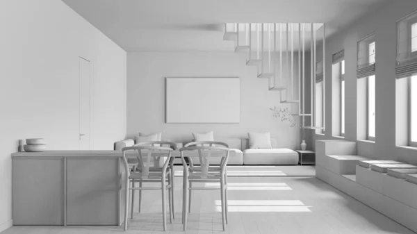 Draft Proyek Putih Total Minimalis Dapur Kayu Nordik Dan Ruang — Stok Foto