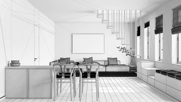 Plan Niedokończonego Projektu Minimalistyczna Nordycka Drewniana Kuchnia Salon Kanapa Minimalne — Zdjęcie stockowe