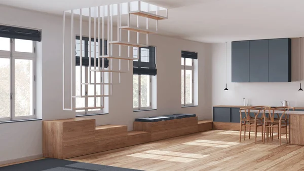 简约的北欧风格的木制厨房和餐厅 色调是白色和灰色的 现代楼梯和岛屿与椅子 斯堪的纳维亚室内设计 — 图库照片