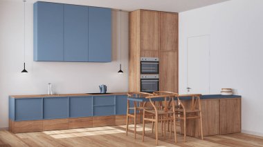 Minimalist İskandinav ahşap mutfak ve yemek odası beyaz ve mavi tonlarda. Dolaplar, aletler ve sandalyeli bir ada. İskandinav iç tasarımı