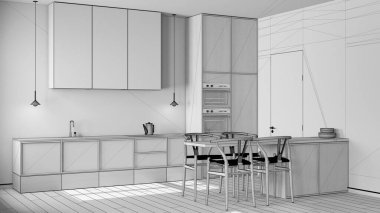 Tamamlanmamış proje taslağı, minimalist İskandinav ahşap mutfak ve yemek odası. Dolaplar, aletler ve sandalyeli bir ada. İskandinav iç tasarımı