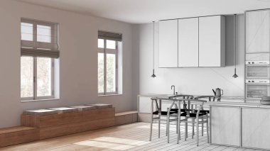 Mimar iç mimar konsepti: elle çizilmiş tamamlanmamış taslak proje gerçek, İskandinav İskandinav ahşap mutfak ve yemek odası haline geliyor. Japon stili.