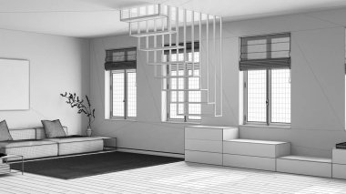 Tamamlanmamış proje taslağı, çağdaş İskandinav tahta oturma odası. Yastıklı ve halılı kadife kanepe, dolaplar, modern merdivenler. En düşük iç tasarım