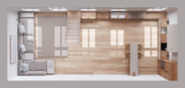 Arka plan bulanık, İskandinav ahşap mutfak, yemek ve oturma odası. Koltuk, asgari merdiven ve yemek adası. Üst görünüm, plan, yukarıda, Japandi iç tasarım