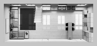 Tamamlanmamış proje taslağı, İskandinav ahşap mutfak, yemek ve oturma odası. Koltuk, asgari merdiven ve yemek adası. Üst görünüm, plan, yukarıda, Japandi iç tasarım