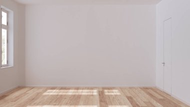 Boş oda iç tasarımı, parke zeminli açık alan, pencere ve beyaz duvarlar, modern mimari konsept fikri