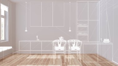 Parke zemin ve pencereli boş beyaz iç döşeme, özel mimari tasarım projesi, beyaz mürekkep çizimi, ada ve sandalyeli mutfağı gösteren plan