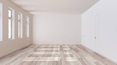 Boş oda iç tasarımı, beyazlatılmış parke zeminli açık alan, pencere ve beyaz duvarlar, modern mimari konsept fikri