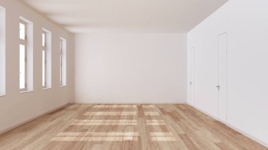 Boş oda iç tasarımı, parke zeminli açık alan, pencere ve beyaz duvarlar, modern mimari konsept fikri