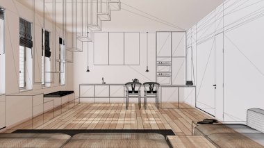 Parke zemin ve pencereli boş beyaz iç döşeme, özel mimari tasarım projesi, siyah mürekkep çizimi, ada ve sandalyeli oturma odası ve mutfağı gösteren plan