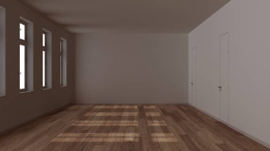 Karanlık akşam sahnesi, boş oda iç tasarımı, parke zemin, pencere ve beyaz duvarlı açık alan, modern mimari konsept fikri.